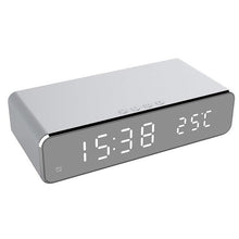 Load image into Gallery viewer, New Electric LED Alarm Clock With Mobile Phone Wireless Charger HD Clock Digital Alarm Clock with Wireless Charging 3 Alarms LED Display Sound Control and Snooze Dual for Bedroom Bedside Office Mirror With Time Memory Digital Thermometer Clock