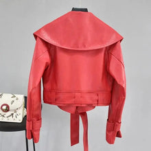 Load image into Gallery viewer, New Elegance Autumn Women's Pu Leather Jackets Short Coat Turndown Collar Belt Lace-up Motorcycle Black Punk Red Overcoat Female Outwear