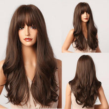 将图片加载到图库查看器,New Fashion Long Wavy Ombre Brown Highlight Wigs with Bangs Synthetic Natural Wig for Women Heat Resistant Cosplay Hair Wigs For Black Women Wigs For Cosplay