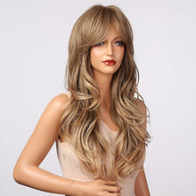 将图片加载到图库查看器,New Fashion Long Wavy Ombre Brown Highlight Wigs with Bangs Synthetic Natural Wig for Women Heat Resistant Cosplay Hair Wigs For Black Women Wigs For Cosplay