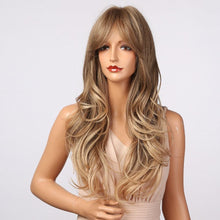将图片加载到图库查看器,New Fashion Long Wavy Ombre Brown Highlight Wigs with Bangs Synthetic Natural Wig for Women Heat Resistant Cosplay Hair Wigs For Black Women Wigs For Cosplay
