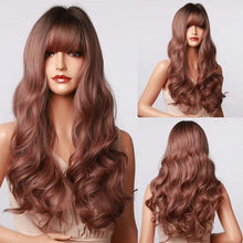将图片加载到图库查看器,New Fashion Long Wavy Ombre Brown Highlight Wigs with Bangs Synthetic Natural Wig for Women Heat Resistant Cosplay Hair Wigs For Black Women Wigs For Cosplay