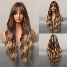 将图片加载到图库查看器,New Fashion Long Wavy Ombre Brown Highlight Wigs with Bangs Synthetic Natural Wig for Women Heat Resistant Cosplay Hair Wigs For Black Women Wigs For Cosplay