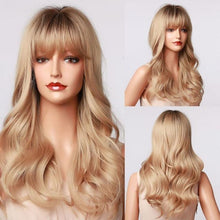 将图片加载到图库查看器,New Fashion Long Wavy Ombre Brown Highlight Wigs with Bangs Synthetic Natural Wig for Women Heat Resistant Cosplay Hair Wigs For Black Women Wigs For Cosplay