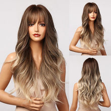 将图片加载到图库查看器,New Fashion Long Wavy Ombre Brown Highlight Wigs with Bangs Synthetic Natural Wig for Women Heat Resistant Cosplay Hair Wigs For Black Women Wigs For Cosplay