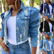 Load image into Gallery viewer, New Incredible Spring Women Sexy Ripped Denim Jackets Vintage Casual Short Jean Jacket Puff Sleeve Winter Female Coat Streetwear