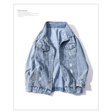 将图片加载到图库查看器,New Sizzling Women's Denim Jacket Fashionable Streetwear Letter Stylish Chic Printed Ripped Holes Jean Patchwork Jeans Female Coat