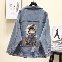 将图片加载到图库查看器,New Sizzling Women's Denim Jacket Fashionable Streetwear Letter Stylish Chic Printed Ripped Holes Jean Patchwork Jeans Female Coat