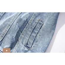 将图片加载到图库查看器,New Sizzling Women's Denim Jacket Fashionable Streetwear Letter Stylish Chic Printed Ripped Holes Jean Patchwork Jeans Female Coat