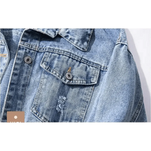 将图片加载到图库查看器,New Sizzling Women's Denim Jacket Fashionable Streetwear Letter Stylish Chic Printed Ripped Holes Jean Patchwork Jeans Female Coat