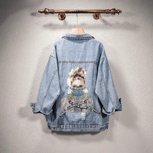 将图片加载到图库查看器,New Sizzling Women's Denim Jacket Fashionable Streetwear Letter Stylish Chic Printed Ripped Holes Jean Patchwork Jeans Female Coat