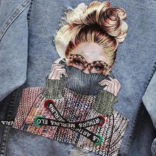 将图片加载到图库查看器,New Sizzling Women's Denim Jacket Fashionable Streetwear Letter Stylish Chic Printed Ripped Holes Jean Patchwork Jeans Female Coat