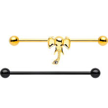 Load image into Gallery viewer, Black Gold Tone Anodized Elephant Industrial Barbell Set of 2