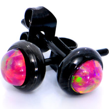 Load image into Gallery viewer, Red Synthetic Opal Black IP 316L Surgical Steel Stud Earrings