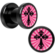 Load image into Gallery viewer, Pink Black Radiant Cross Black Anodized Screw Fit Plug Set 2G