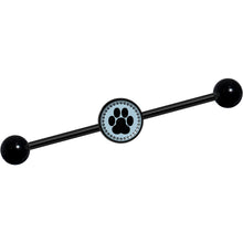 Load image into Gallery viewer, 14G Black on Blue Paw Print Black Industrial Barbell 37mm