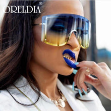 将图片加载到图库查看器,Oversized Women Blue & Yellow Gradient Sunglasses Fashionable Rimless In Metal For Female New Shades Personality Eyewear