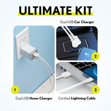 Load image into Gallery viewer, Overtime Home and Car Complete Charging Kit: Fast Wall & Car Chargers + Durable Lightning Cable