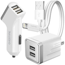 Load image into Gallery viewer, Overtime Home and Car Complete Charging Kit: Fast Wall & Car Chargers + Durable Lightning Cable