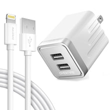 Load image into Gallery viewer, Overtime iPhone Charger Set | Apple MFi Certified Lightning Cable 6ft with Dual USB Wall Charger Adapter - White
