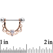 Load image into Gallery viewer, 9/16 Clear CZ Gem Rose Gold Flourish Dangle Nipple Barbell Set