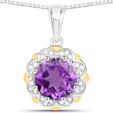 Load image into Gallery viewer, 1.87 Carat Genuine Amethyst and White Diamond 14K Yellow Gold with .925 Sterling Silver Pendant