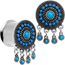 Load image into Gallery viewer, Southwest Blue Drum Dreamcatcher Dangle Double Flare Plug Set 6mm to 25mm