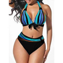 Load image into Gallery viewer, Plus Size Neon Striped Bikini Set Push Up Women High Waist Bikini Set Halter Two Piece Bathing Suits Crisscross Tummy Control Swimsuit Push Up Swimwear Women High Waist Halter Beach Swimwear Retro Bathing Suit Swimming Suit