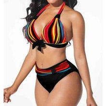 Load image into Gallery viewer, Plus Size Neon Striped Bikini Set Push Up Women High Waist Bikini Set Halter Two Piece Bathing Suits Crisscross Tummy Control Swimsuit Push Up Swimwear Women High Waist Halter Beach Swimwear Retro Bathing Suit Swimming Suit