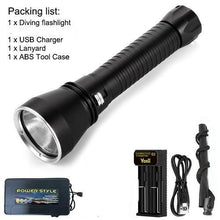 Load image into Gallery viewer, Powerful LED Rechargeable Dive Flashlight Cree Diving Flashlight Underwater Waterproof High Lumen LED Scuba Diving Torch Flashlight For Scuba Diving Underwater Torch