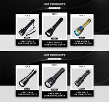 Load image into Gallery viewer, Powerful LED Rechargeable Dive Flashlight Cree Diving Flashlight Underwater Waterproof High Lumen LED Scuba Diving Torch Flashlight For Scuba Diving Underwater Torch