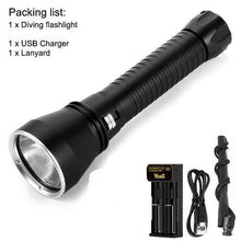 Load image into Gallery viewer, Powerful LED Rechargeable Dive Flashlight Cree Diving Flashlight Underwater Waterproof High Lumen LED Scuba Diving Torch Flashlight For Scuba Diving Underwater Torch