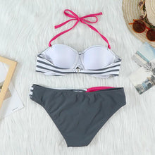 将图片加载到图库查看器,Print Swimwear Women Bikini Solid Push Up Swimsuit Female Bikini Set Beachwear Bathing Suit Swimming High Waist Swimsuits With Boy Shorts Triangle Top Stripes Halter Bikini Two Piece Bathing Suits