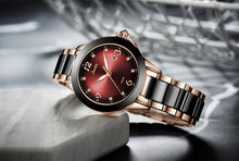 将图片加载到图库查看器,Waterproof Womens Watch With Stainless Steel Bracelet Combined With Ceramic Stones Fluorescent Hands And Shining Background Decorated With Zircons