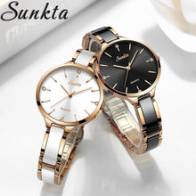 Load image into Gallery viewer, Women's Waterproof Modern Wrist Watch With Ceramic Bracelet And Shining Background Decorated With Zircons