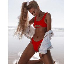 Load image into Gallery viewer, Modern White Bikini Hollow Out Swimsuit Female High Cut Swimwear Solid Fashion Bathing Suit Beach Wear Women's Front Cutout Bikini Sets Two Piece Summer Party Bathing Suits