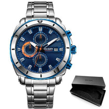 将图片加载到图库查看器,Luxury Men's Business Quartz Watches Blue Fashion Chronograph Elegant Stainless Steel Wristwatches For Man