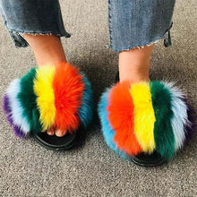 Load image into Gallery viewer, Summer Women Fox Fur Slippers Indoor Slides Fashion Flip Flops Casual Sandals Furry Fluffy Plush Slides Lightweight House Slippers Fluffy Sandals Outdoor Indoor Women Shoes