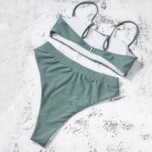 Load image into Gallery viewer, Bikinis Solid Push Up Bikini Padded Bra Straps High Waist Swimsuit Female Swimwear Women's Bathing Suit Lace up Bikini Ribbed Two Piece Swimsuit