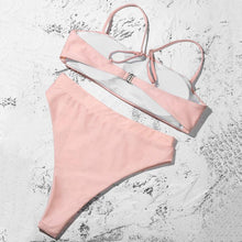 Load image into Gallery viewer, Bikinis Solid Push Up Bikini Padded Bra Straps High Waist Swimsuit Female Swimwear Women's Bathing Suit Lace up Bikini Ribbed Two Piece Swimsuit