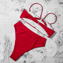Load image into Gallery viewer, Bikinis Solid Push Up Bikini Padded Bra Straps High Waist Swimsuit Female Swimwear Women's Bathing Suit Lace up Bikini Ribbed Two Piece Swimsuit