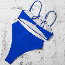 Load image into Gallery viewer, Bikinis Solid Push Up Bikini Padded Bra Straps High Waist Swimsuit Female Swimwear Women's Bathing Suit Lace up Bikini Ribbed Two Piece Swimsuit