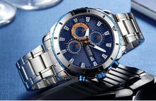 将图片加载到图库查看器,Luxury Men's Business Quartz Watches Blue Fashion Chronograph Elegant Stainless Steel Wristwatches For Man