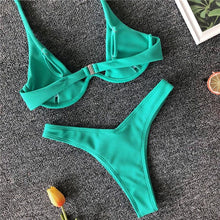 Load image into Gallery viewer, Neon V-bar Underwired Bikini Female Ribbed Swimsuit Women Swimwear Two-pieces Bikini set Push up Bathing Suit