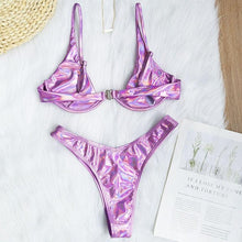 Load image into Gallery viewer, Neon V-bar Underwired Bikini Female Ribbed Swimsuit Women Swimwear Two-pieces Bikini set Push up Bathing Suit
