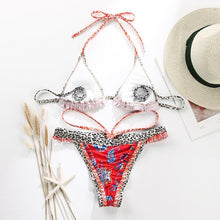 Load image into Gallery viewer, Handwork Bikinis Small Ruffle Swimsuit Vintage Print Swimwear Women Bathing Suit Leopard Patchwork Bikini Set String