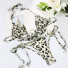 Load image into Gallery viewer, Handwork Bikinis Small Ruffle Swimsuit Vintage Print Swimwear Women Bathing Suit Leopard Patchwork Bikini Set String