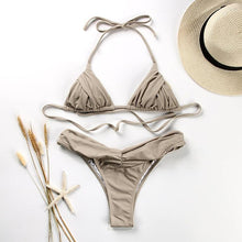 Load image into Gallery viewer, Handwork Bikinis Small Ruffle Swimsuit Vintage Print Swimwear Women Bathing Suit Leopard Patchwork Bikini Set String