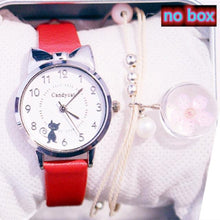 将图片加载到图库查看器,Women Charming Watch Set Pink Leather Strap Student Watch Children Black Cat Leather Strap And Round Dial Quartz Watches For Women Cat Dial With Stainless Steel Dial Quartz Watch