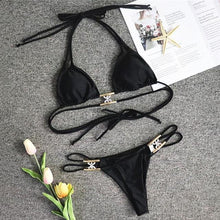 Load image into Gallery viewer, Luxury Purple Halter Crystal Diamond Bikini Female Swimsuit Women Swimwear Rhinestone Bikini Set Bathing Suit Women's Swimwear Rhinestone Halter Low Waist Tie Side Bikini Set 2 Pieces Crystal Diamond Swimsuit